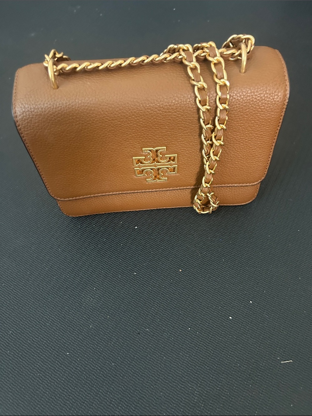 Tory Burch Brown Pebbled Leather Chain Shoulder Bag with Gold Hardware